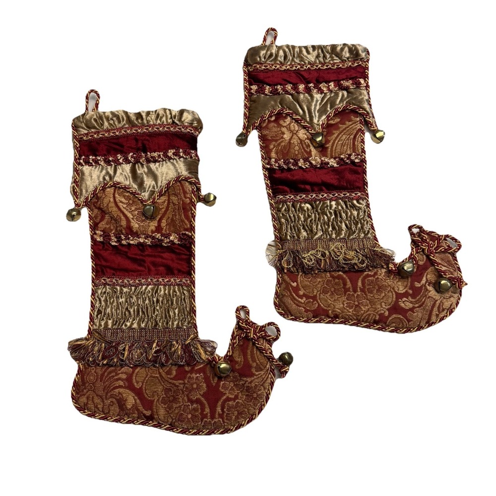 Pair Of Large Christmas Stockings Burgundy Gold Brocade Tassel Bells‎ Ornate 20"